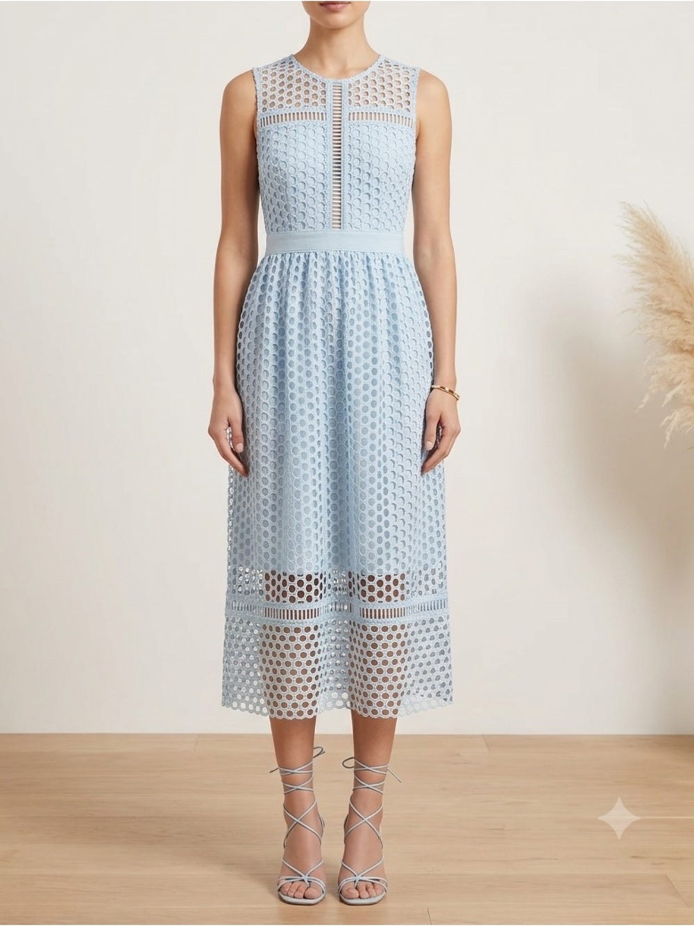Aqua Pale Blue Eyelet Midi Dress